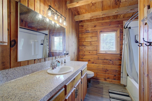 full bathroom featuring hardwood / wood-style floors, beamed ceiling, and wooden walls