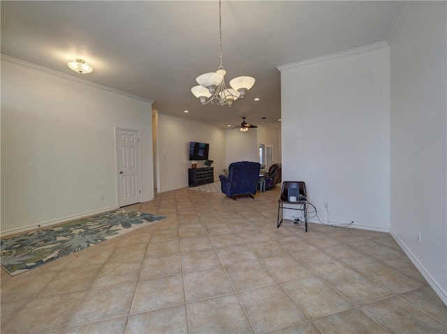 unfurnished dining area with ornamental molding, ceiling fan with notable chandelier, and light tile patterned flooring