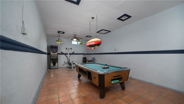 rec room featuring ceiling fan, tile patterned floors, and billiards