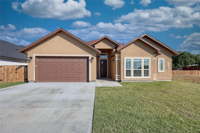 single story home with a garage and a front yard