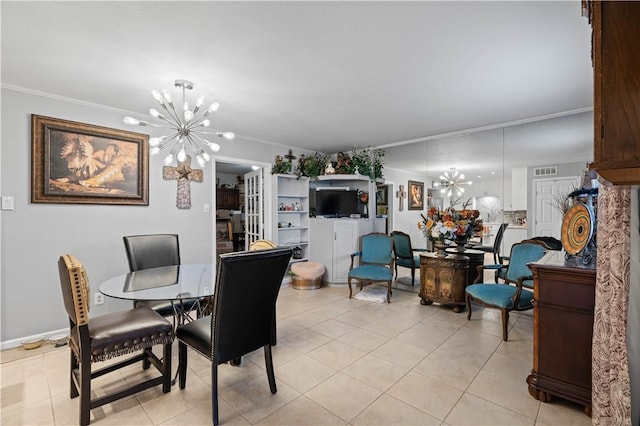 tiled dining room with an inviting chandelier and ornamental molding