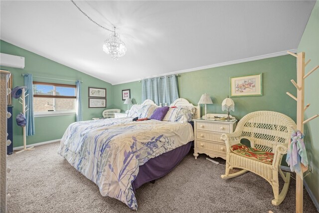 6845 Aswan Dr, Corpus Christi, TX 78412 - bedroom featuring a wall mounted AC, lofted ceiling, carpet flooring, and a chandelier