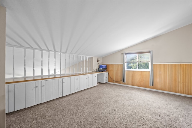 6845 Aswan Dr, Corpus Christi, TX 78412 - bonus room featuring vaulted ceiling, carpet floors, a wainscoted wall, and wood walls