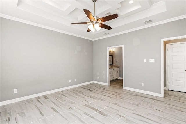 unfurnished bedroom featuring light wood finished floors, baseboards, visible vents, coffered ceiling, and ornamental molding