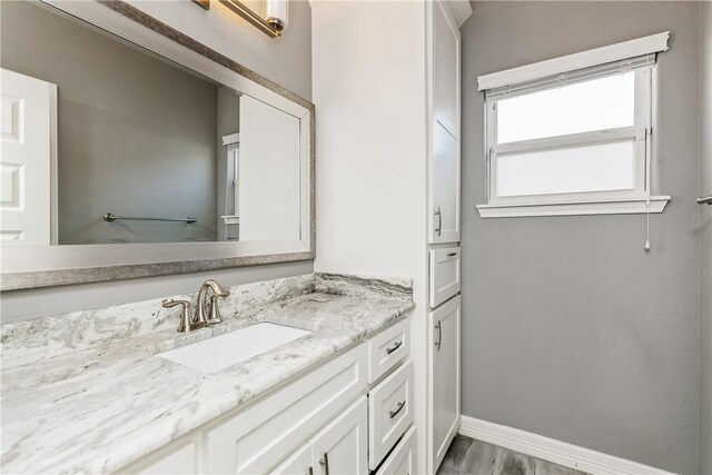 bathroom featuring wood finished floors, vanity, and baseboards