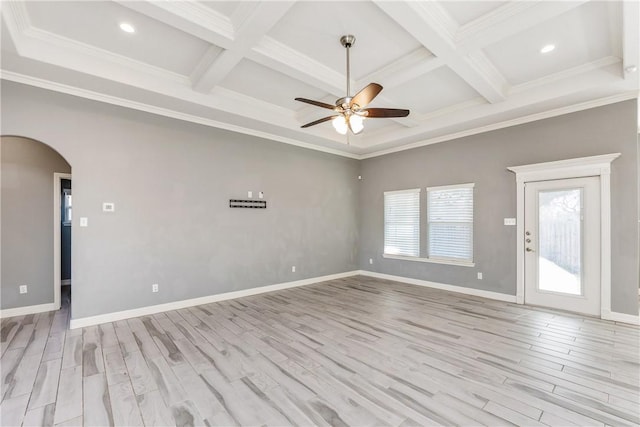 spare room featuring arched walkways, coffered ceiling, beamed ceiling, crown molding, and light wood-style floors