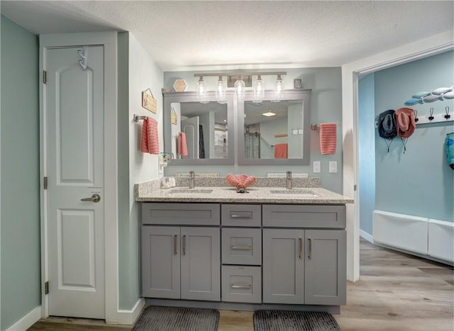 bathroom with vanity, a textured ceiling, and hardwood / wood-style flooring