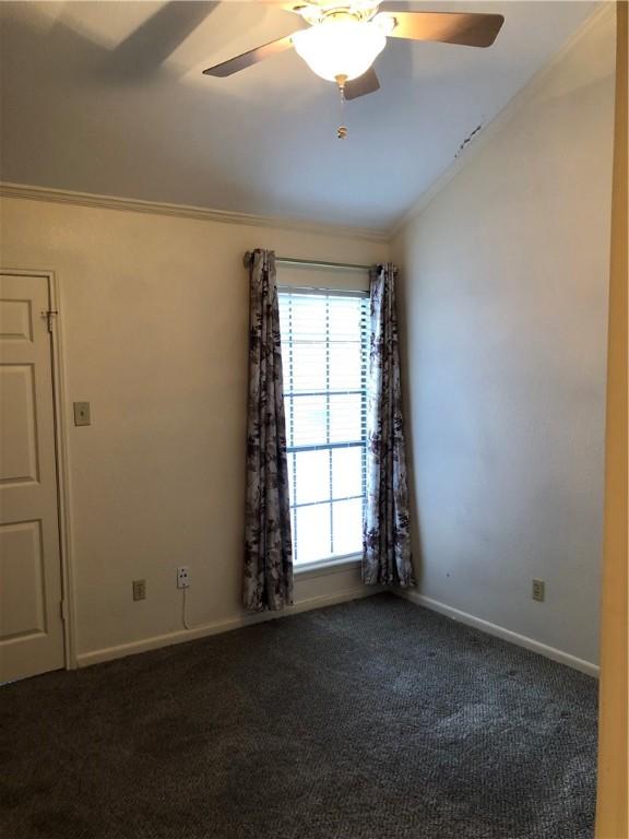 carpeted empty room featuring crown molding, ceiling fan, and lofted ceiling