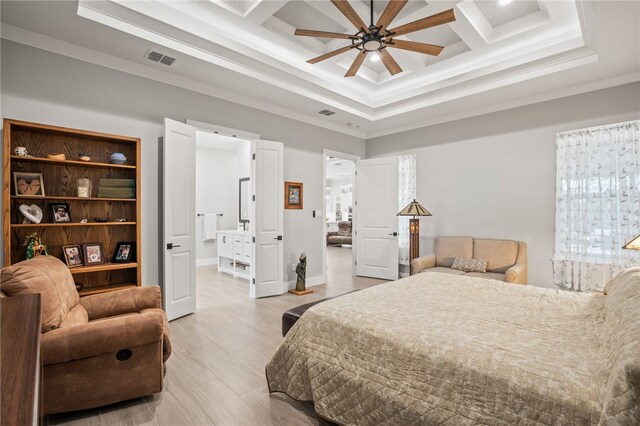 bedroom with wood-type flooring, ceiling fan, ornamental molding, and coffered ceiling