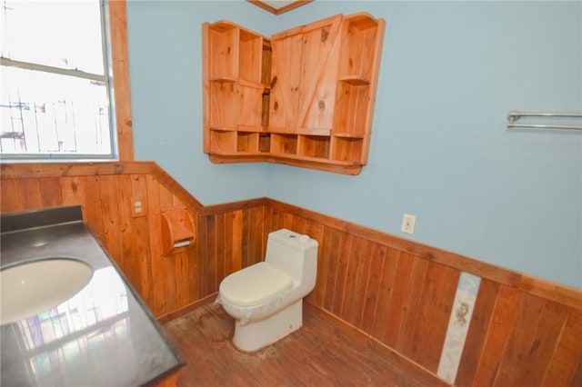 bathroom featuring toilet, wooden walls, a wealth of natural light, and a wainscoted wall