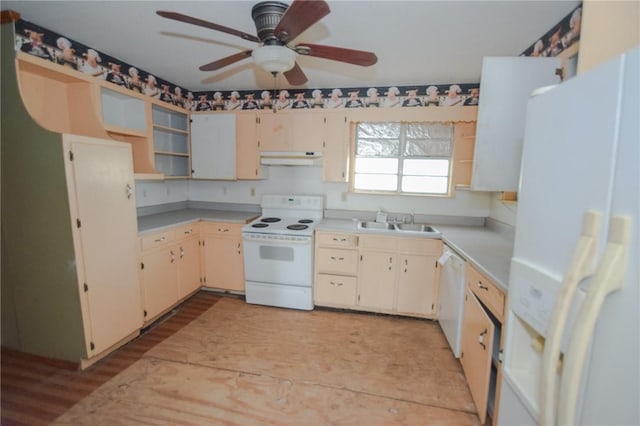 kitchen with a ceiling fan, under cabinet range hood, white appliances, a sink, and open shelves