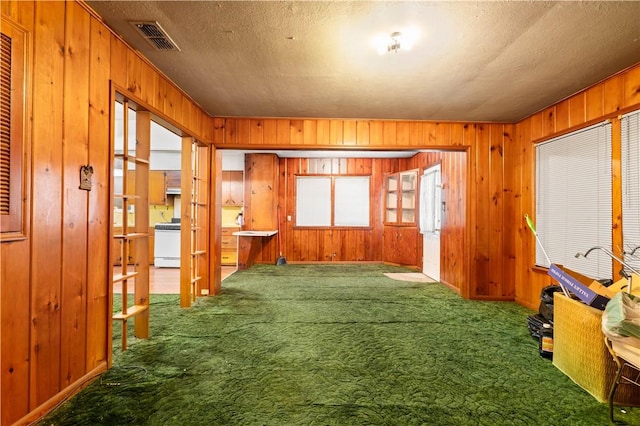 interior space featuring visible vents, wood walls, and carpet