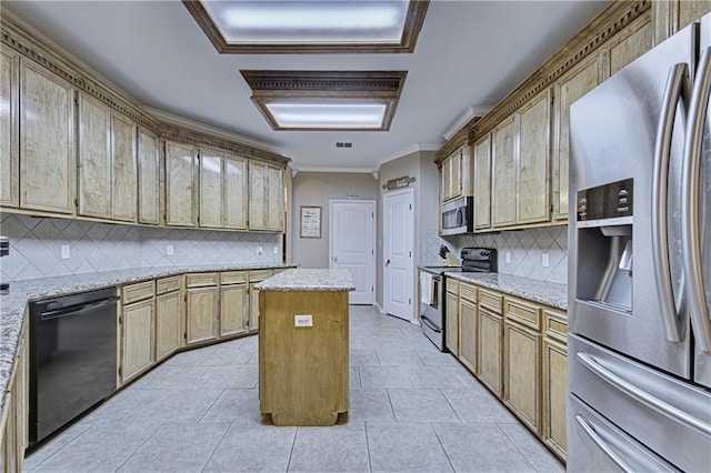 6730 Old Square Dr, Corpus Christi, TX 78414 - kitchen with appliances with stainless steel finishes, a kitchen island, backsplash, ornamental molding, and light stone counters
