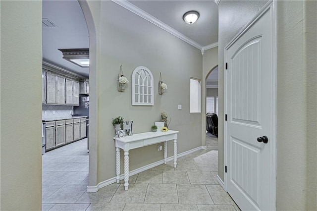 6730 Old Square Dr, Corpus Christi, TX 78414 - corridor with arched walkways, light tile patterned floors, and crown molding