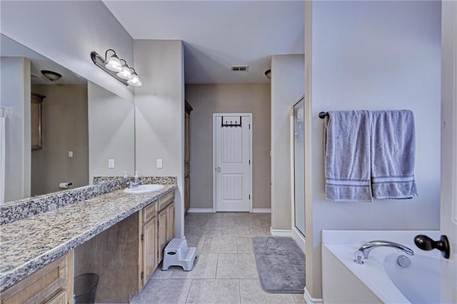 6730 Old Square Dr, Corpus Christi, TX 78414 - bathroom featuring vanity, a bath, tile patterned floors, and a shower with shower door
