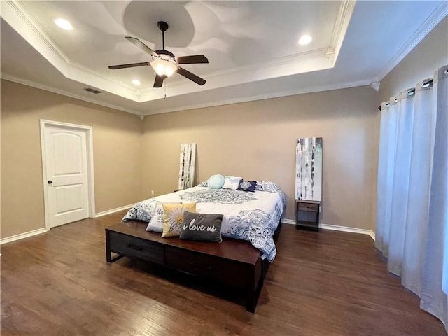 6730 Old Square Dr, Corpus Christi, TX 78414 - bedroom featuring a raised ceiling, crown molding, dark wood finished floors, ceiling fan, and recessed lighting