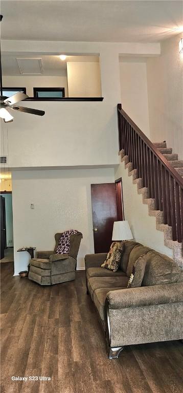4718 Cedar Pass Dr Unit F, Corpus Christi, TX 78413 - living area featuring wood finished floors, a ceiling fan, and stairs