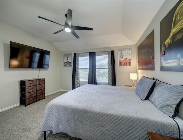 bedroom with lofted ceiling, light colored carpet, and ceiling fan