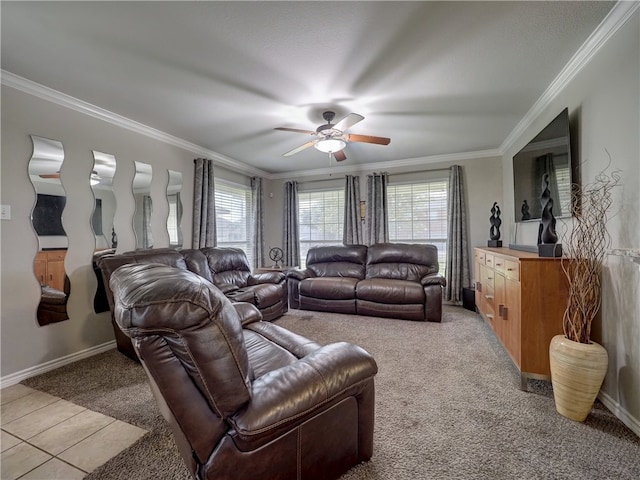 carpeted living room featuring ceiling fan and ornamental molding