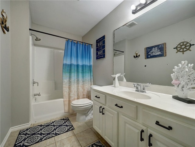 full bathroom with toilet, vanity, tile patterned floors, and shower / bathtub combination with curtain