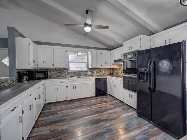 kitchen with black appliances, backsplash, ceiling fan, under cabinet range hood, and white cabinetry