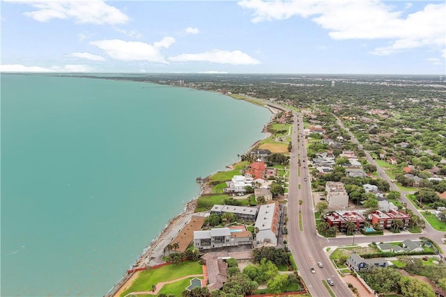 drone / aerial view with a water view