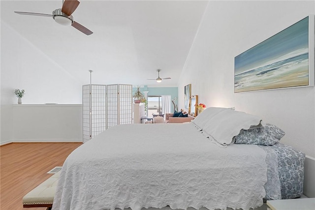 bedroom featuring ceiling fan and wood-type flooring