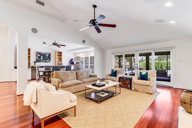5241 Saint Andrews Dr, Corpus Christi, TX 78413 - living room with ceiling fan, hardwood / wood-style floors, recessed lighting, french doors, and high vaulted ceiling