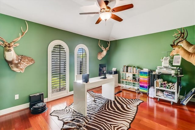 5241 Saint Andrews Dr, Corpus Christi, TX 78413 - home office with ceiling fan, wood finished floors, vaulted ceiling, and baseboards