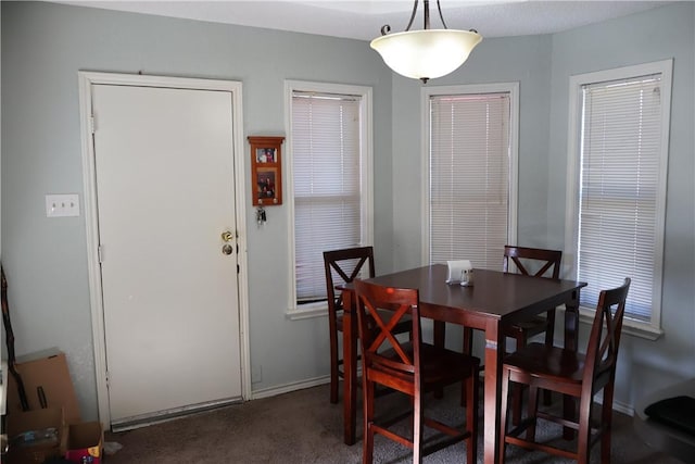 dining area featuring dark carpet