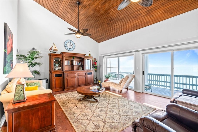 110 Bayshore Dr, Ingleside, TX 78362 - living room featuring a ceiling fan, wooden ceiling, high vaulted ceiling, wood finished floors, and a water view