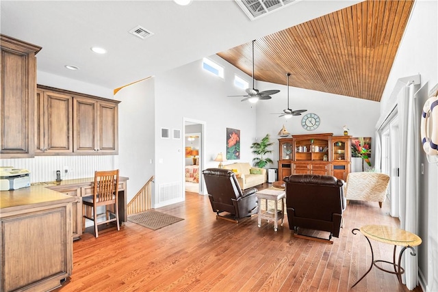 110 Bayshore Dr, Ingleside, TX 78362 - living area with a ceiling fan, light wood-type flooring, recessed lighting, and high vaulted ceiling