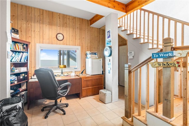 110 Bayshore Dr, Ingleside, TX 78362 - office space featuring wooden walls, tile patterned flooring, and beamed ceiling