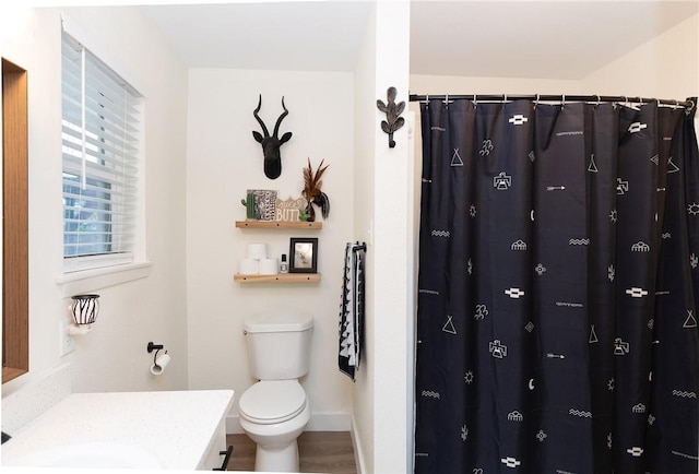 bathroom featuring toilet, walk in shower, wood-type flooring, and vanity