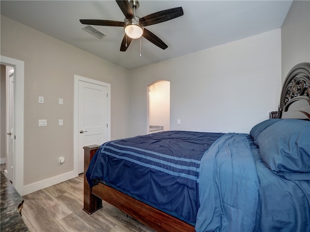 bedroom with ceiling fan and wood-type flooring