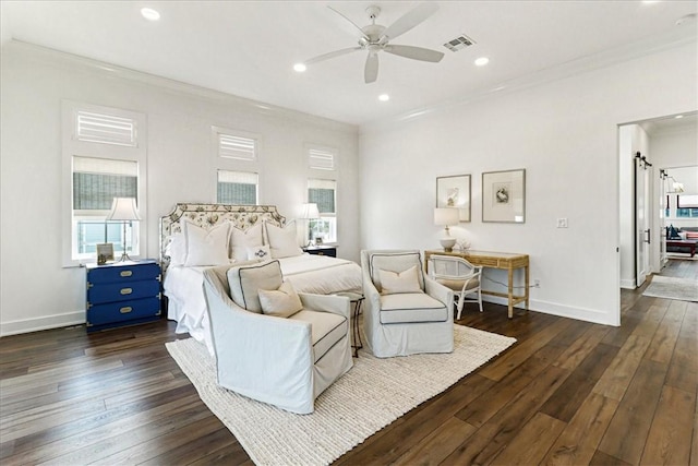 251 Laughter Ln, Port Aransas, TX 78373 - bedroom with crown molding, dark wood-style floors, recessed lighting, and ceiling fan