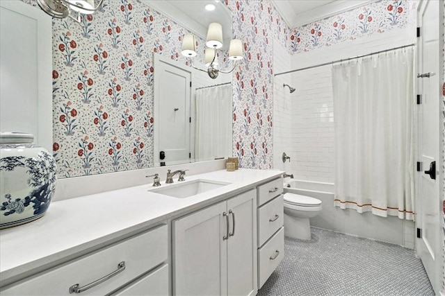 251 Laughter Ln, Port Aransas, TX 78373 - bathroom featuring vanity, wallpapered walls, shower / bathtub combination with curtain, crown molding, and tile patterned floors