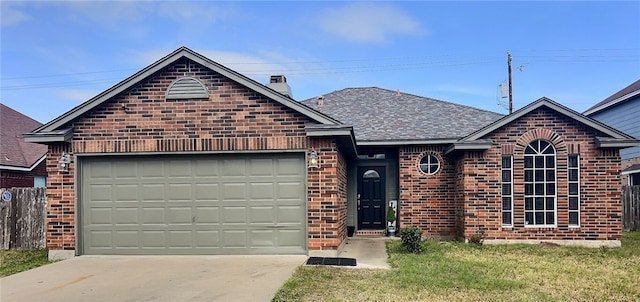 ranch-style house featuring a garage, driveway, a front lawn, and brick siding