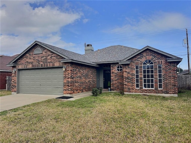 ranch-style house with an attached garage, a front lawn, and brick siding