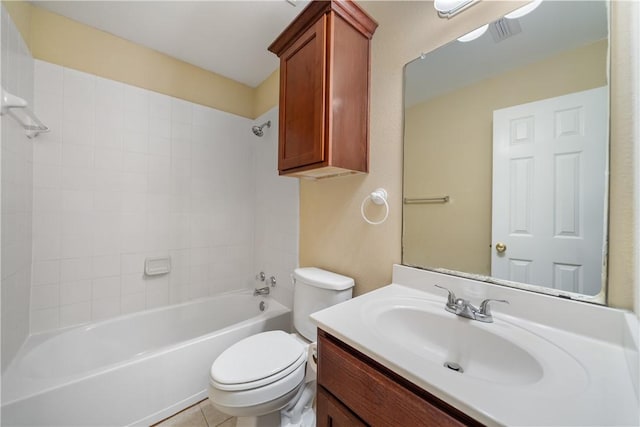 full bath with toilet, vanity, tile patterned floors, and bathing tub / shower combination