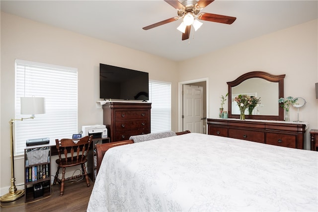 bedroom with ceiling fan, multiple windows, and dark hardwood / wood-style floors