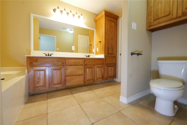 full bathroom featuring tile patterned flooring, toilet, a sink, a bath, and double vanity