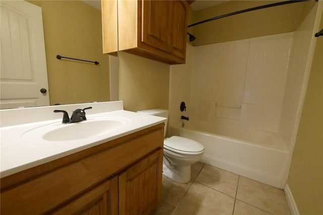 full bath featuring toilet, bathing tub / shower combination, vanity, and tile patterned floors