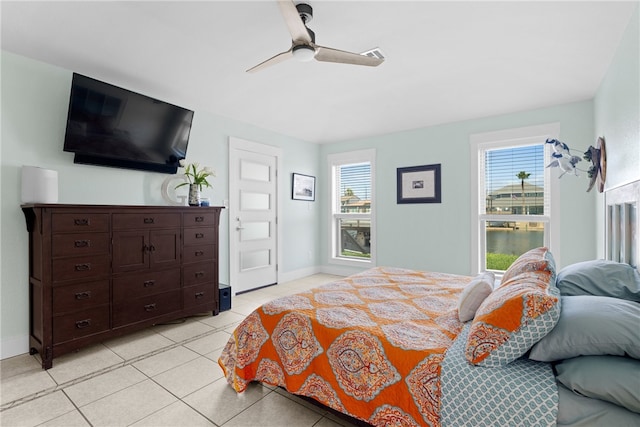 tiled bedroom featuring ceiling fan and a water view