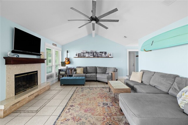 15269 Caravel Dr, Corpus Christi, TX 78418 - living room featuring a ceiling fan, light tile patterned flooring, and a premium fireplace