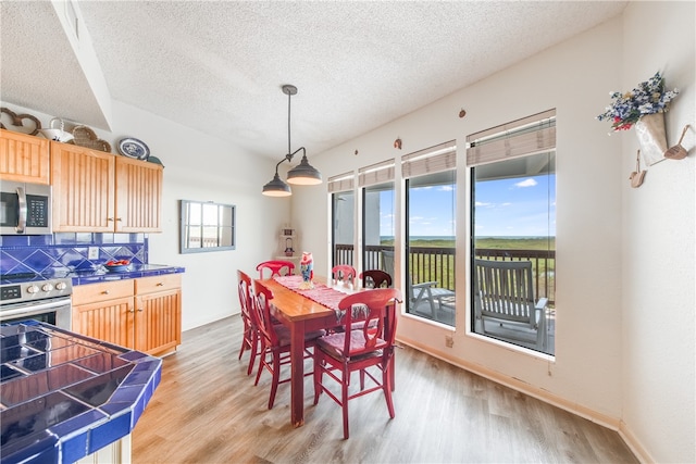 dining space with a textured ceiling, a healthy amount of sunlight, and light hardwood / wood-style flooring