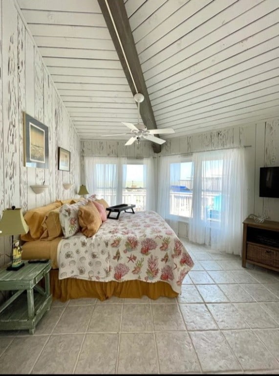 1878 Bay Shore Dr, Rockport, TX 78382 - bedroom with wood ceiling, ceiling fan, and vaulted ceiling with beams