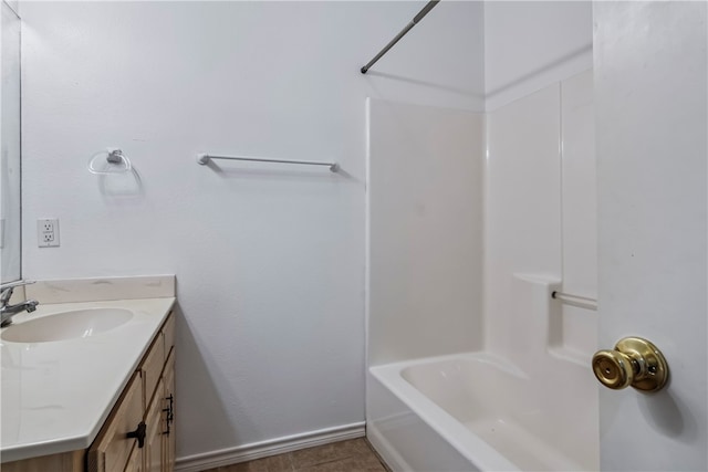 bathroom featuring shower / tub combination, vanity, and tile patterned flooring