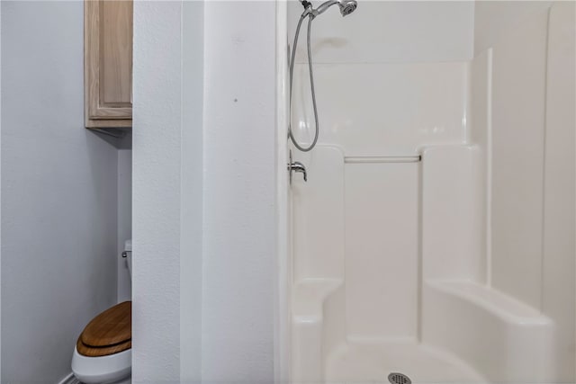 bathroom featuring walk in shower and toilet