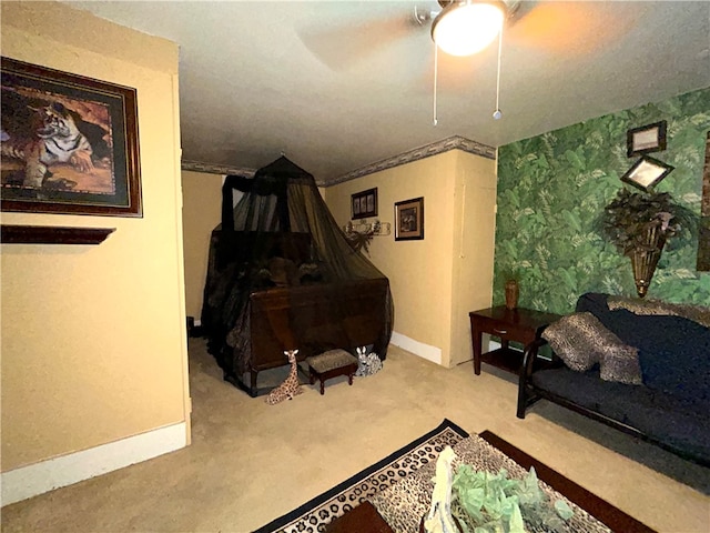 carpeted living room featuring ceiling fan